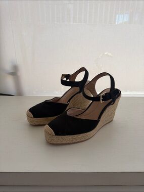Black Espadrille Wedge Sandals with Ankle Strap Size 10 made in Spain
